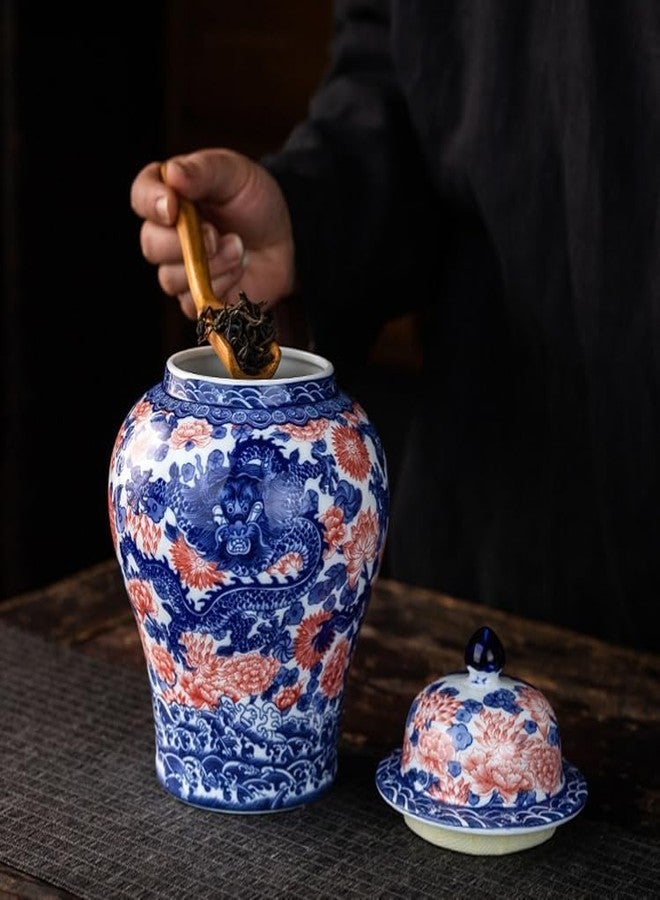 SILINE Porcelain Airtight Canister 45 Oz/1350ml, Blue White with Red Glazed Ceramic Large Food Storage Jar, Home Décor,Room Office Decoration -Dragon - Image 4